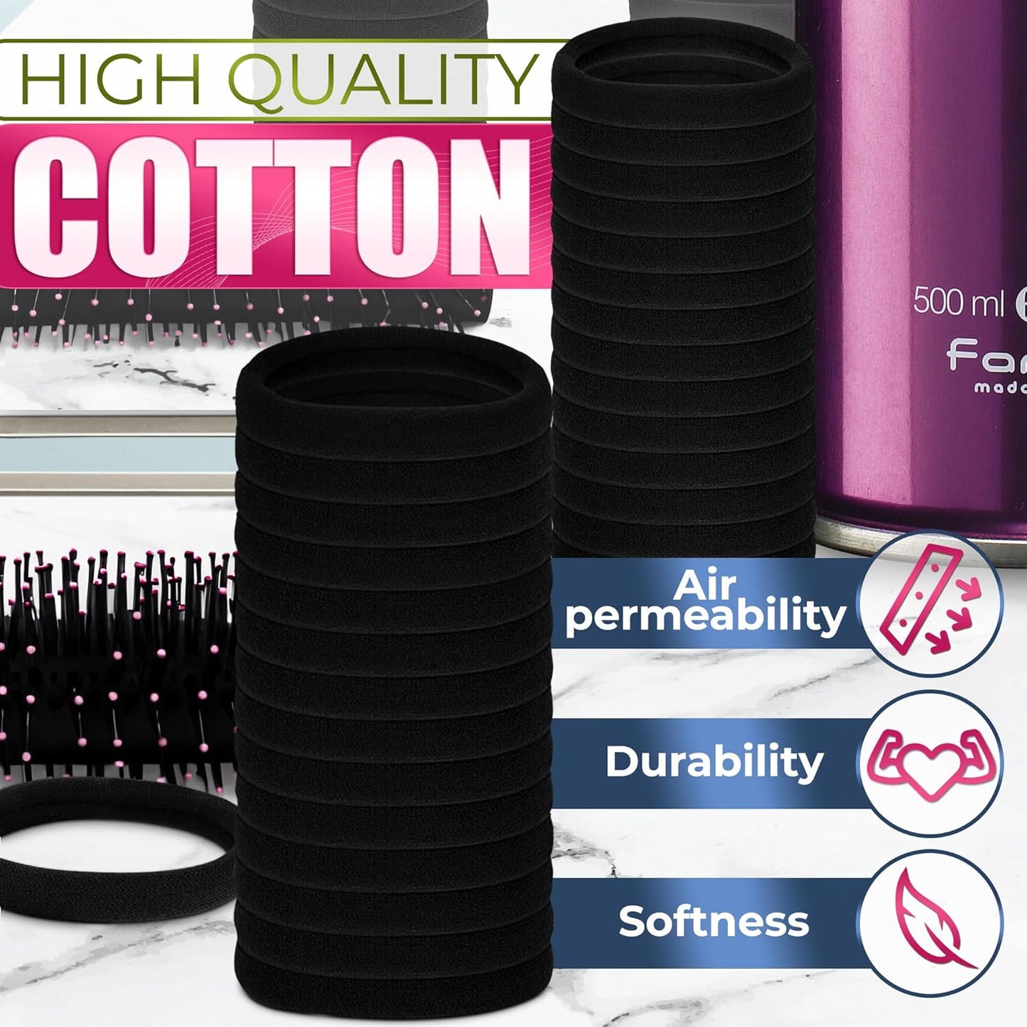 100 Soft Black Hair Ties - Seamless Cotton Ponytail Holders for All Hair Types - Gentle, Durable, and No Damage Design - Perfect for Everyday Use and Valentine's Day Gifts