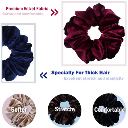 Extra Large Velvet Scrunchies for Thick Hair - Premium Soft Jumbo 4 Pack in Dark Colors