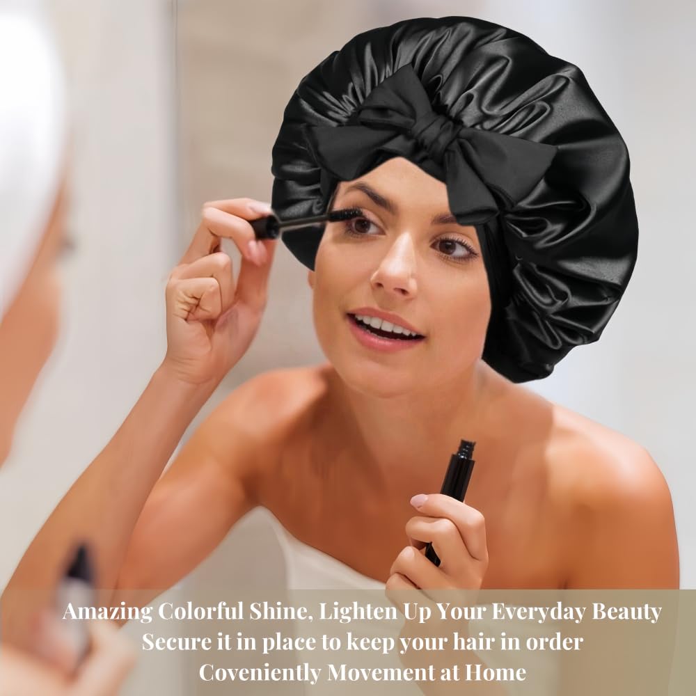 Luxurious Adjustable Silk Bonnet for Women - Perfect for Curly Hair and Sleeping, Stylish Black Design, Large Size