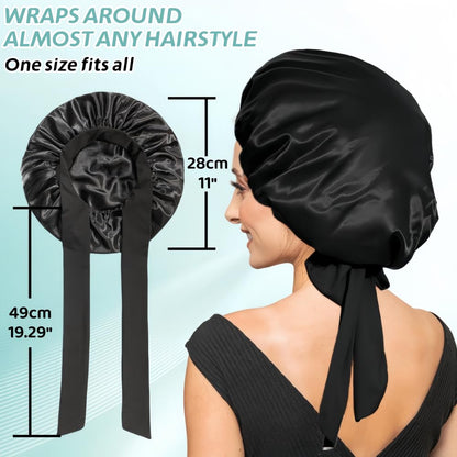 Luxurious Adjustable Silk Bonnet for Women - Perfect for Curly Hair and Sleeping, Stylish Black Design, Large Size