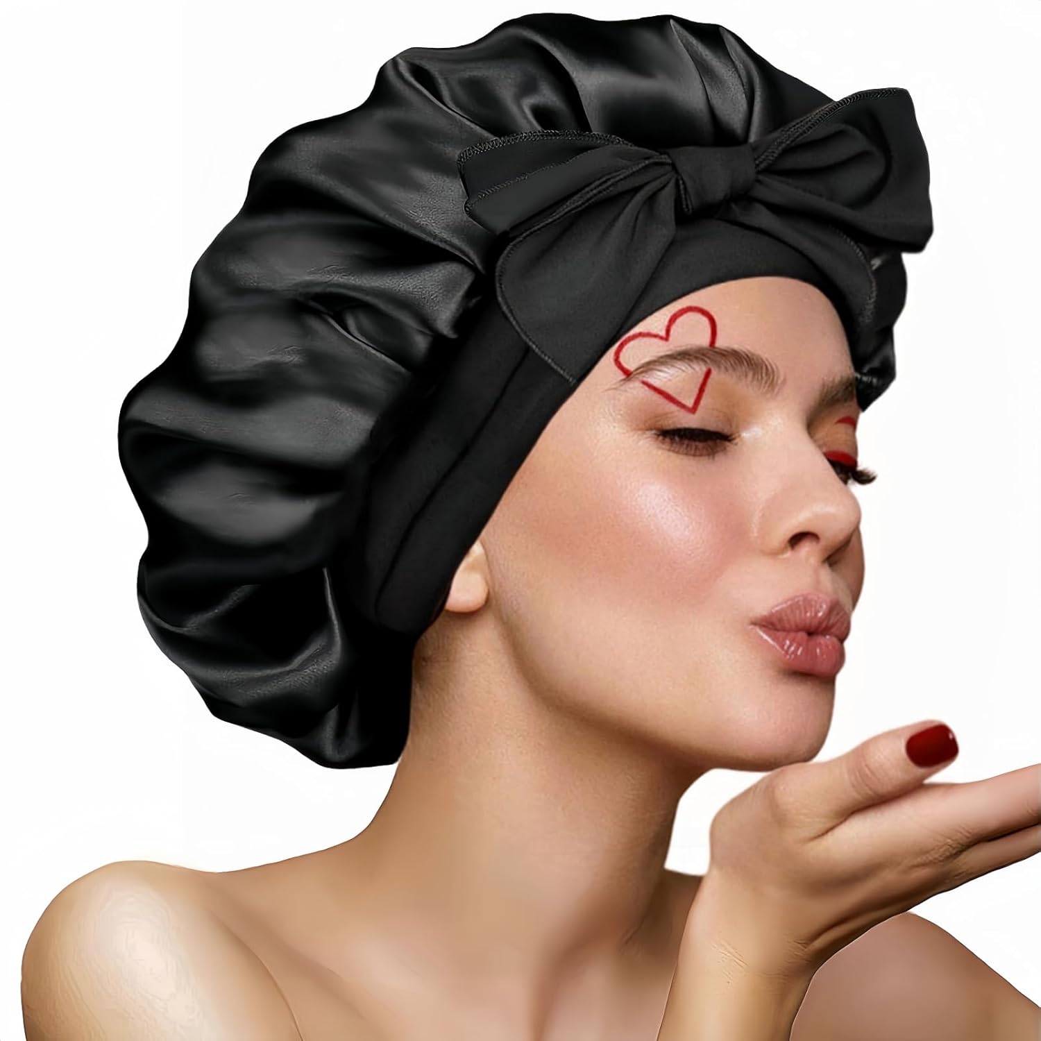 Luxurious Adjustable Silk Bonnet for Women - Perfect for Curly Hair and Sleeping, Stylish Black Design, Large Size