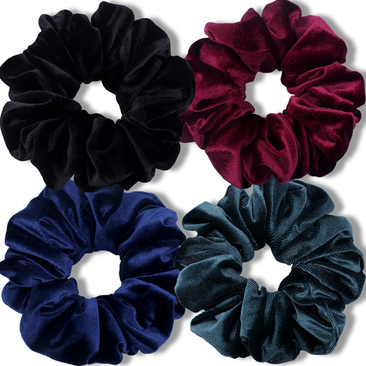 Extra Large Velvet Scrunchies for Thick Hair - Premium Soft Jumbo 4 Pack in Dark Colors