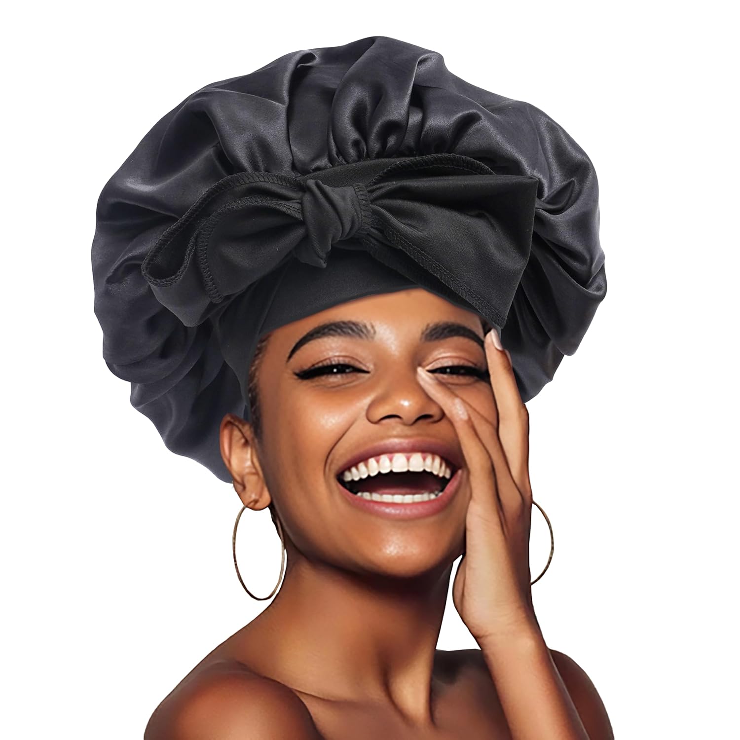 Luxurious Adjustable Silk Bonnet for Women - Perfect for Curly Hair and Sleeping, Stylish Black Design, Large Size