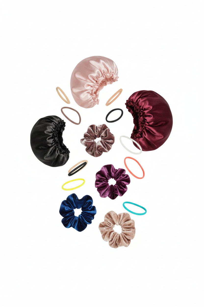 bonnets, hair scrunchies, and hair ties falling