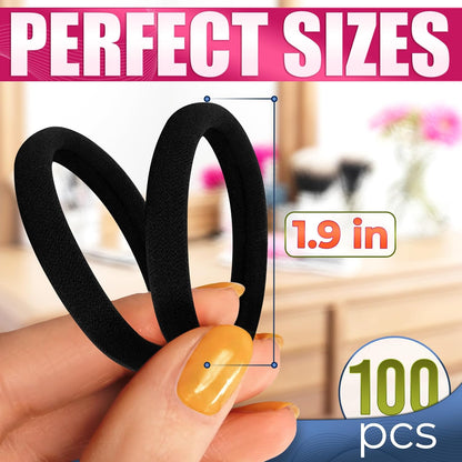 100 Soft Black Hair Ties - Seamless Cotton Ponytail Holders for All Hair Types - Gentle, Durable, and No Damage Design - Perfect for Everyday Use and Valentine's Day Gifts